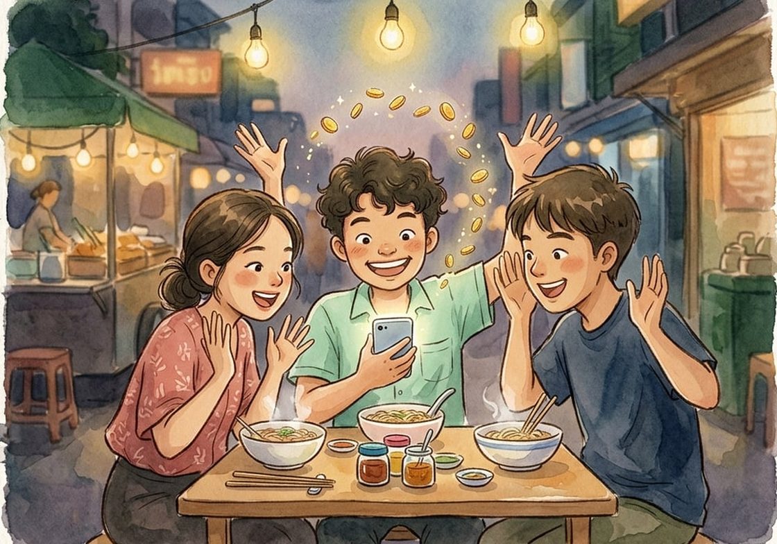 ภาพสีน้ำ เพื่อนชาวไทยสามคนนั่งกินก๋วยเตี๋ยวริมทางยามค่ำ ชูมือดีใจที่ถูกหวยออนไลน์ มีเหรียญทองลอยออกจากมือถือ
