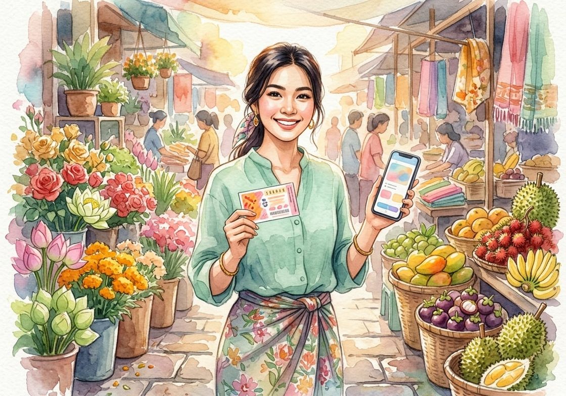 ภาพสีน้ำ หญิงไทยในเสื้อสีเขียวมิ้นต์ยิ้มถือสลากหวยและมือถือแทงหวยออนไลน์ ท่ามกลางร้านดอกไม้และผลไม้ในตลาดเช้า